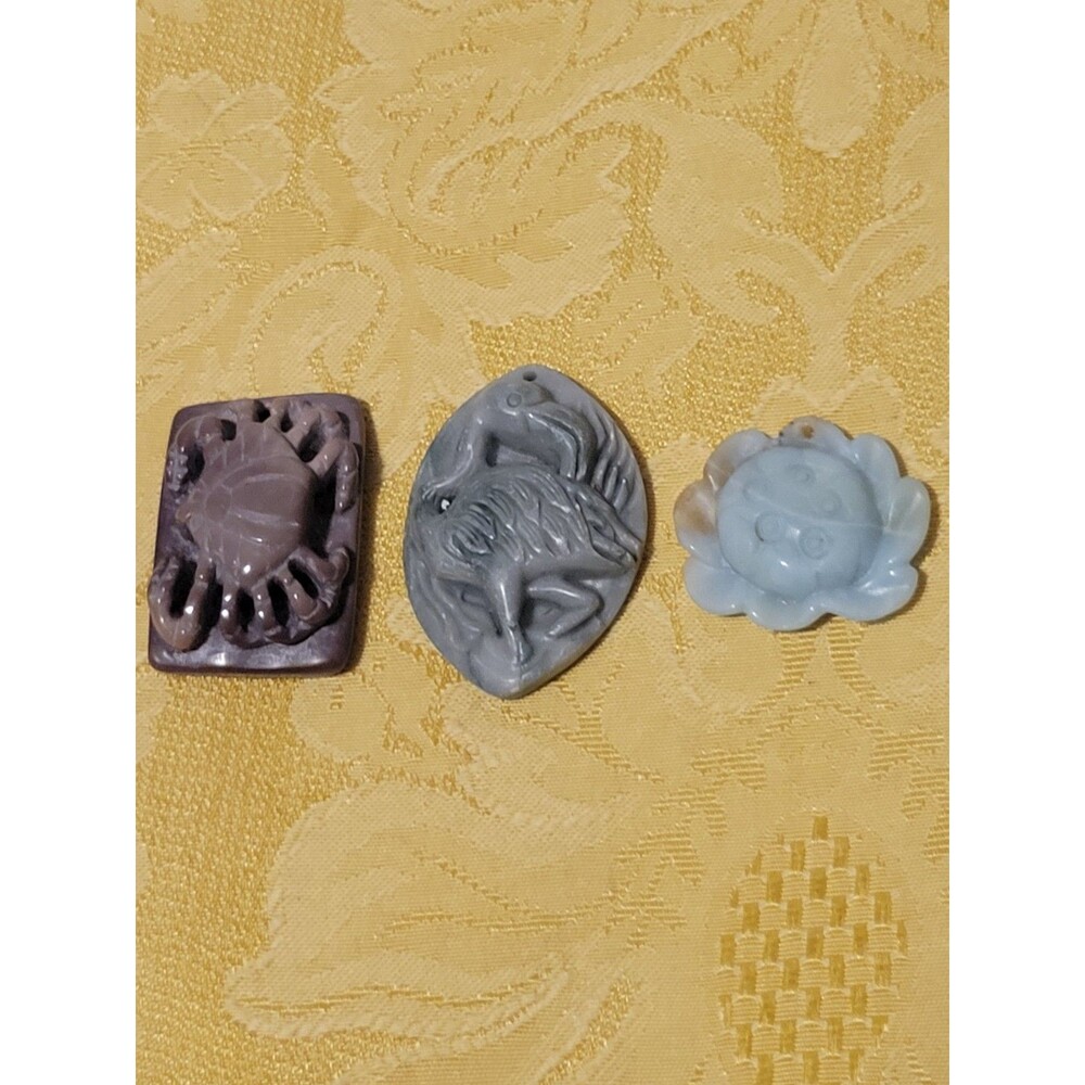 Hand-Carved Stone Pendants – Lot of 3 Swan, Crab, Lotus